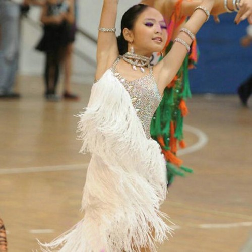 Girls competition latin dresses rhinestones fringes white professional salsa chacha rumba dance dresses